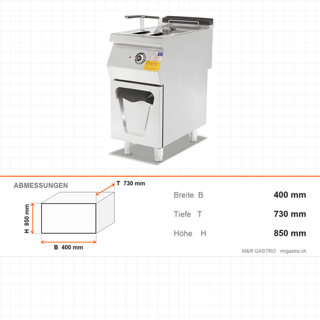 Elektro-Fritteuse 14 Liter mit Unterschrank, 10,5 kW, 400V, 400×730×850 mm, Serie 700 – Abmessungen