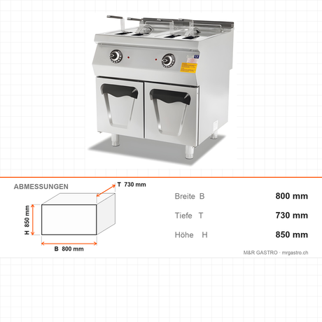 Elektro-Fritteuse 2x 14 Liter mit Unterschrank, 21 kW, 400V, 800×730×850 mm, Serie 700 – Abmessungen