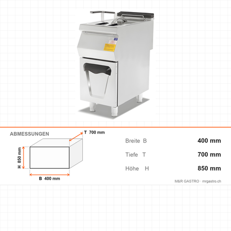 Gasfritteuse 16 Liter mit Unterschrank, 17,41 kW, 400×700×850 mm, Serie 700 – Abmessungen