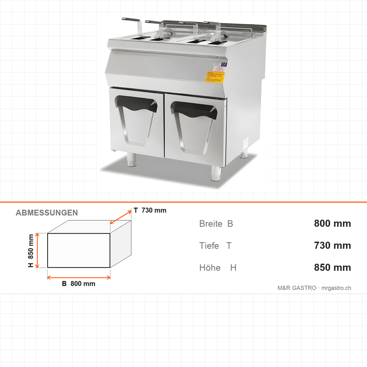 Gasfritteuse 2x 16 Liter mit Unterschrank, 34,82 kW, 800×730×850 mm, Serie 700 – Abmessungen