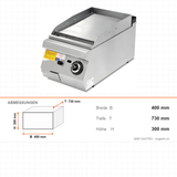 Gas-Grillplatte glatt, 8,67 kW, 2 Heizzonen, 400×730×300 mm, Serie 700 – Abmessungen