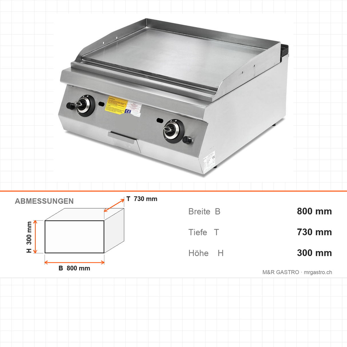 Gas-Grillplatte glatt und gerillt, 17,34 kW, 2 Heizzonen, 800×730×300 mm, Serie 700 – Abmessungen