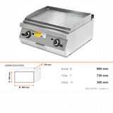 Gas-Grillplatte glatt und gerillt, 17,34 kW, 2 Heizzonen, 800×730×300 mm, Serie 700 – Abmessungen