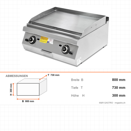 Gas-Grillplatte glatt und gerillt, 17,34 kW, 2 Heizzonen, 800×730×300 mm, Serie 700 – Abmessungen