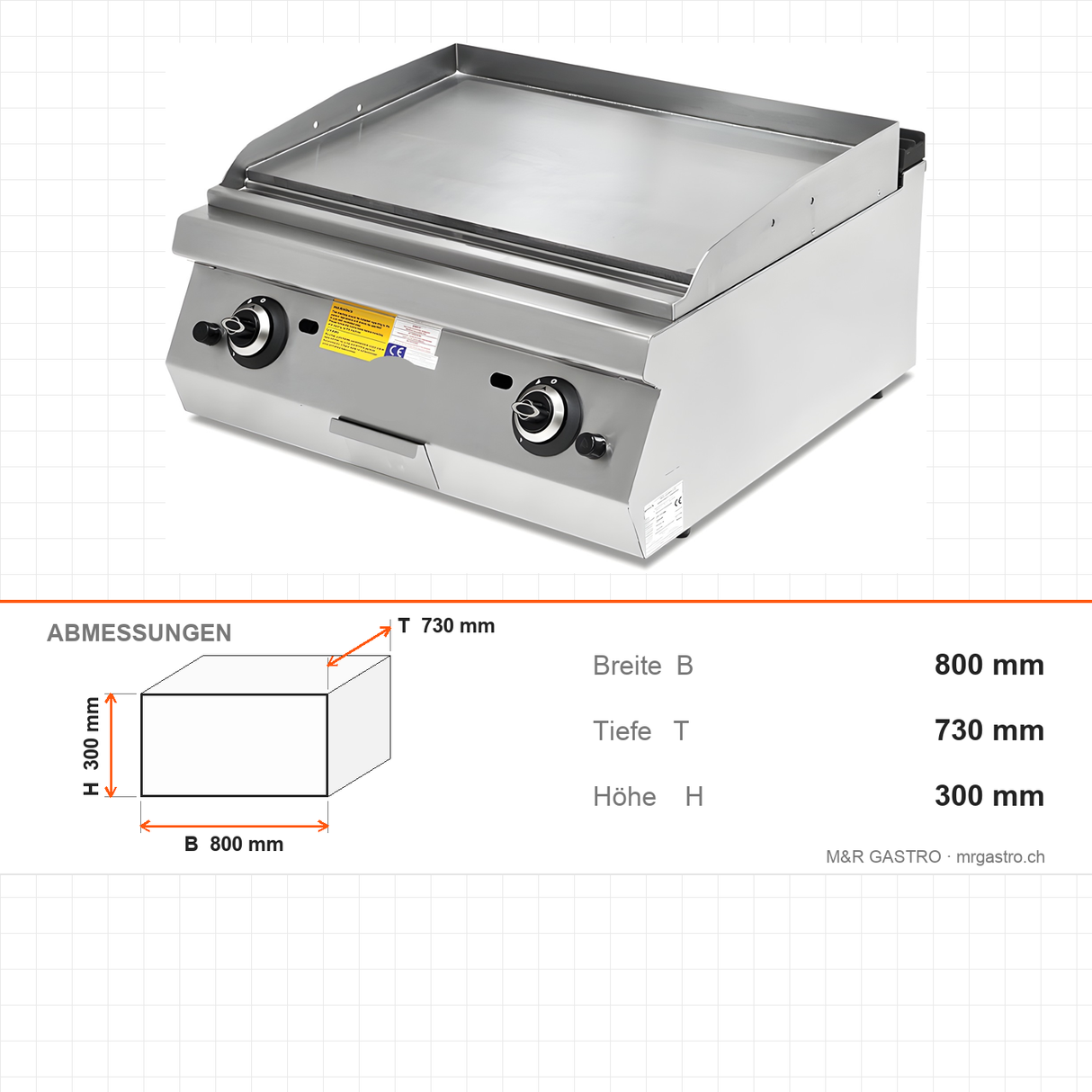 Gas-Grillplatte gerillt verchromt, 17,34 kW, 2 Heizzonen, 800×730×300 mm, Serie 700 – Abmessungen