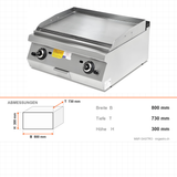 Gas-Grillplatte glatt und gerillt verchromt, 14,2 kW, 2 Heizzonen, 800×730×300 mm, Serie 700 – Abmessungen