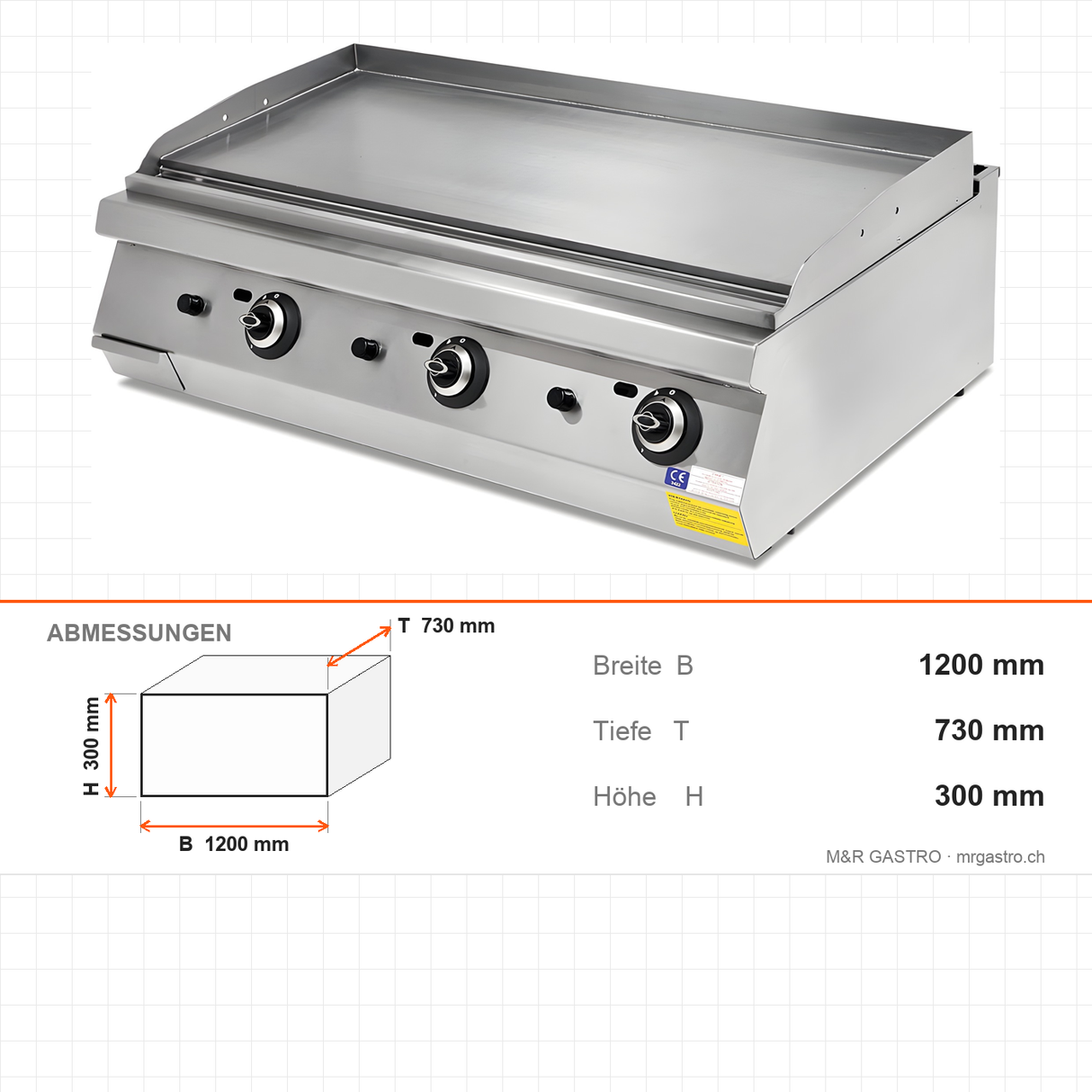 Gas-Grillplatte gerillt verchromt, 26 kW, 2 Heizzonen, 1200×730×300 mm, Serie 700 – Abmessungen
