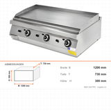 Gas-Grillplatte gerillt verchromt, 26 kW, 2 Heizzonen, 1200×730×300 mm, Serie 700 – Abmessungen