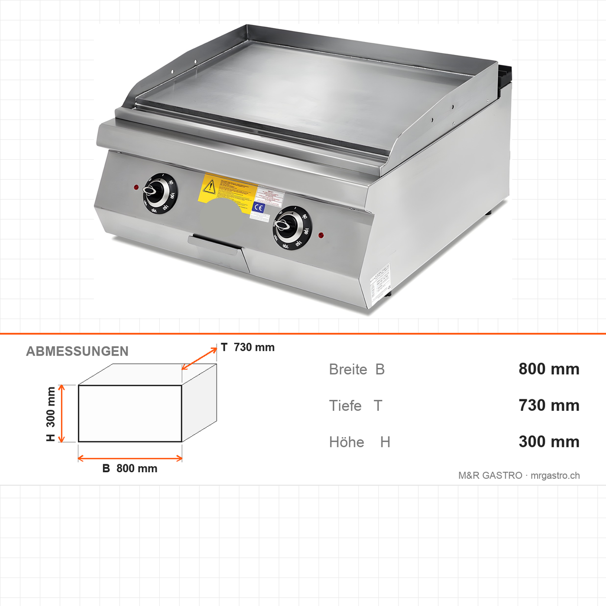 Elektro-Grillplatte gerillt verchromt, 8,4 kW, 2 Heizzonen, 400V, 800×730×300 mm, Serie 700 – Abmessungen