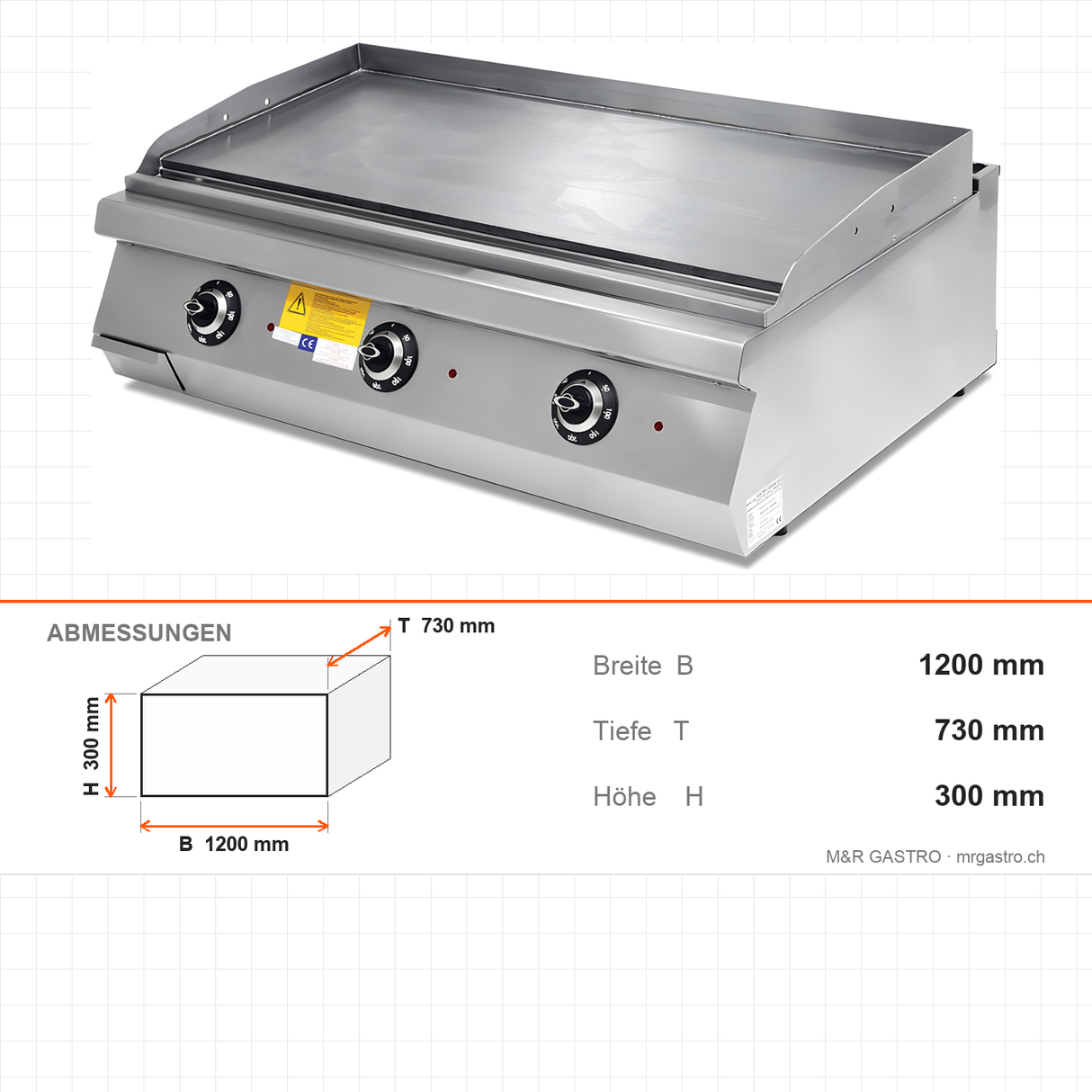 Elektro-Grillplatte gerillt verchromt, 12,6 kW, 2 Heizzonen, 400V, 1200×730×300 mm, Serie 700 – Abmessungen