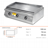 Elektro-Grillplatte gerillt verchromt, 12,6 kW, 2 Heizzonen, 400V, 1200×730×300 mm, Serie 700 – Abmessungen