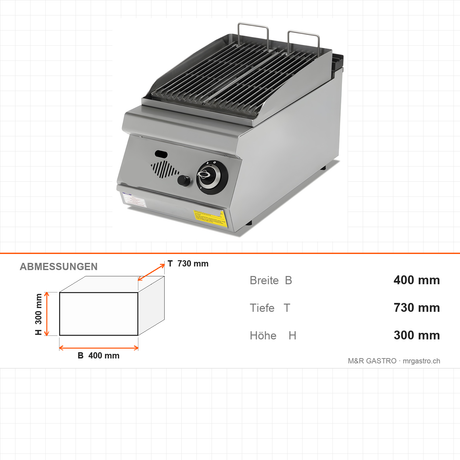 Gas-Dampfgrill, 5,8 kW, 2 Heizzonen, Gusseisenplatte, 400×730×300 mm, Serie 700 – Abmessungen