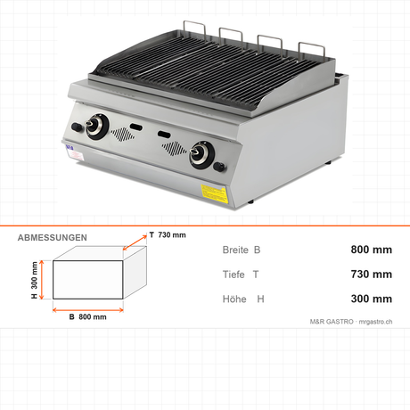 Gas-Dampfgrill, 11,6 kW, 2 Heizzonen, Gusseisenplatte, 800×730×300 mm, Serie 700 – Abmessungen