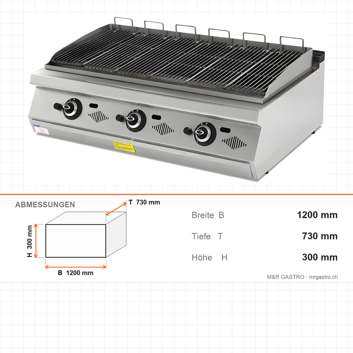 Gas-Dampfgrill, 17,4 kW, 2 Heizzonen, Gusseisenplatte, 1200×730×300 mm, Serie 700 – Abmessungen