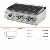Gas-Dampfgrill, 17,4 kW, 2 Heizzonen, Gusseisenplatte, 1200×730×300 mm, Serie 700 – Abmessungen