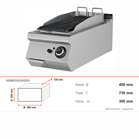 Gas-Lavasteingrill, 8,67 kW, 2 Heizzonen, Piezozündung, 400×730×300 mm, Serie 700 – Abmessungen