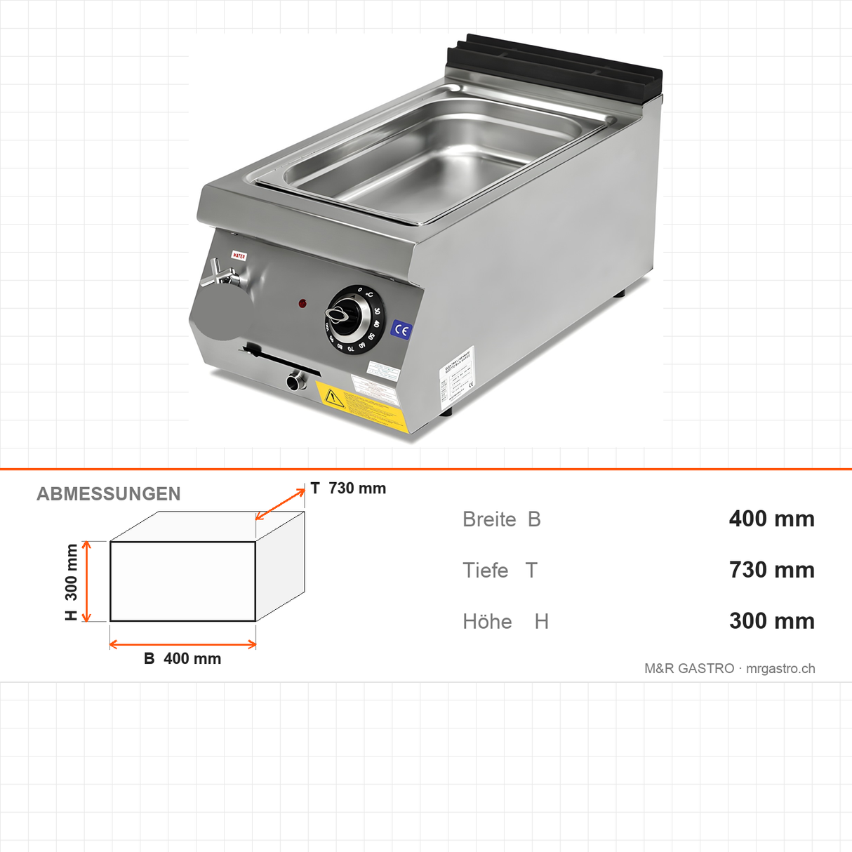 Elektro-Bain-Marie, 1x GN 1/1, 1,5 kW, 230V, 400×730×300 mm, Serie 700 – Abmessungen