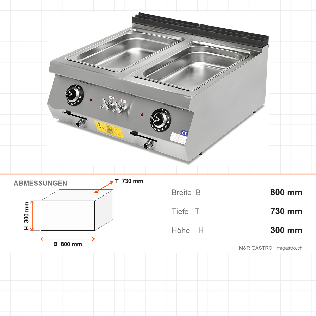 Elektro-Bain-Marie, 2x GN 1/1, 3 kW, 230V, 800×730×300 mm, Serie 700 – Abmessungen