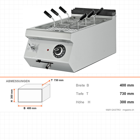 Elektro-Nudelkocher, 10,5 Liter, 10,5 kW, 400V, 400×730×300 mm, Serie 700 – Abmessungen