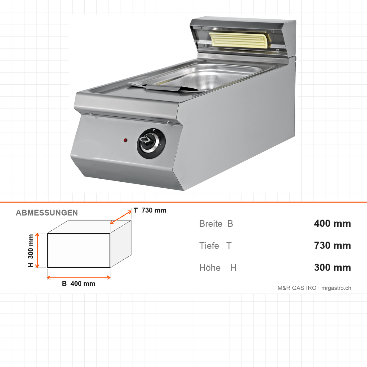 Chips- und Pommeswärmer mit Ölablauf, GN 1/1, 0,65 kW, 230V, 400×730×300 mm, Serie 700 – Abmessungen