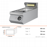 Chips- und Pommeswärmer mit Ölablauf, GN 1/1, 0,65 kW, 230V, 400×730×300 mm, Serie 700 – Abmessungen