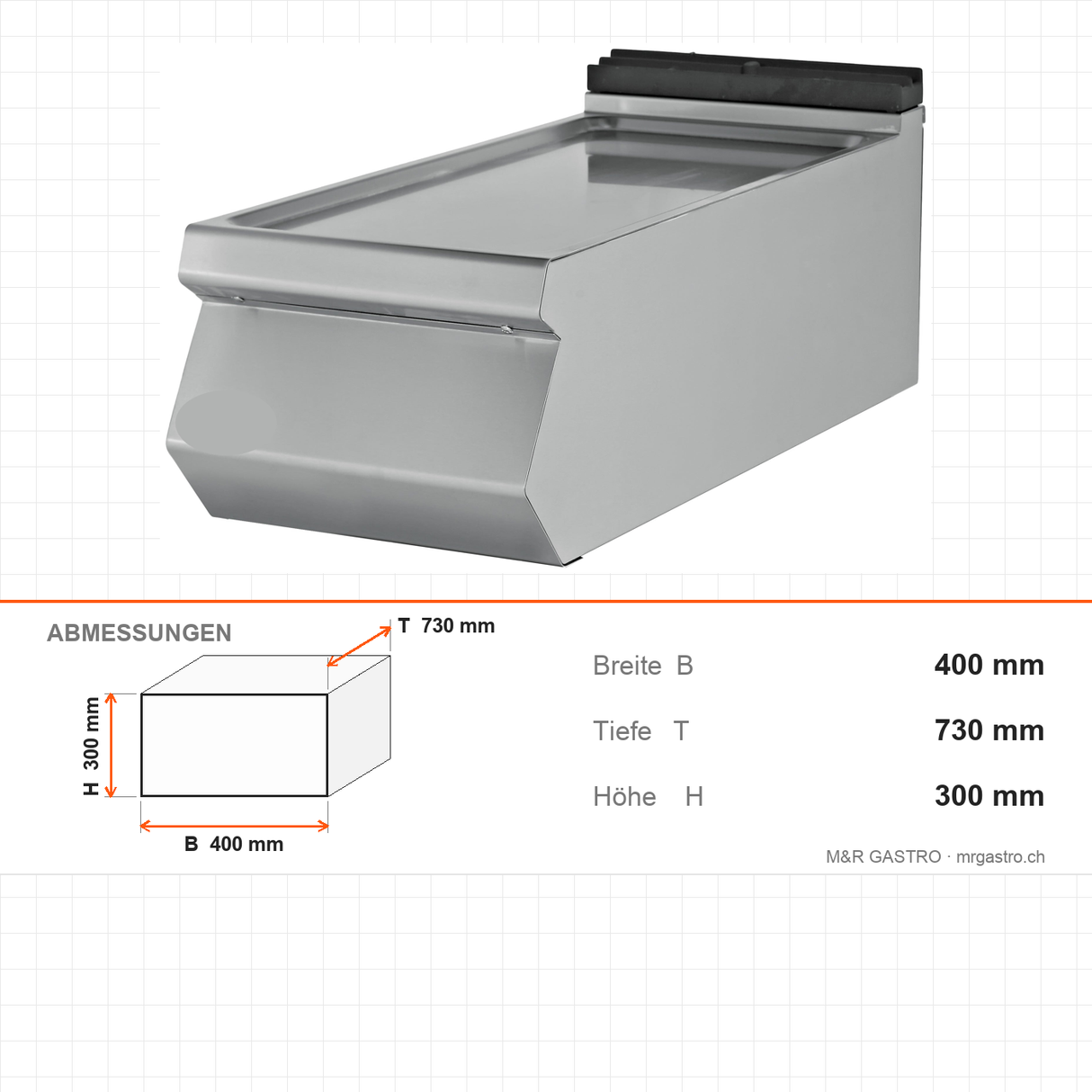 Arbeitsplatte 1/2 Modul, Edelstahl, 400×730×300 mm, Serie 700 – Abmessungen