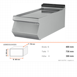 Arbeitsplatte 1/2 Modul, Edelstahl, 400×730×300 mm, Serie 700 – Abmessungen