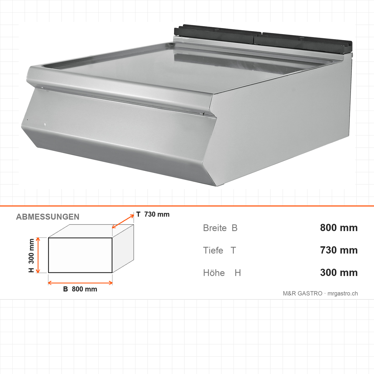 Arbeitsplatte 1/1 Modul, Edelstahl, 800×730×300 mm, Serie 700 – Abmessungen