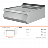 Arbeitsplatte 1/1 Modul, Edelstahl, 800×730×300 mm, Serie 700 – Abmessungen