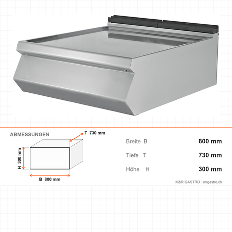 Arbeitsplatte 1/1 Modul, Edelstahl, 800×730×300 mm, Serie 700 – Abmessungen