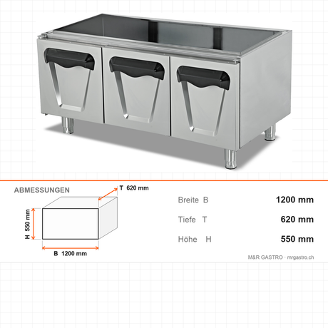 Unterbauschrank 3 Türen, Edelstahl, 1200×620×550 mm, Serie 700 – Abmessungen