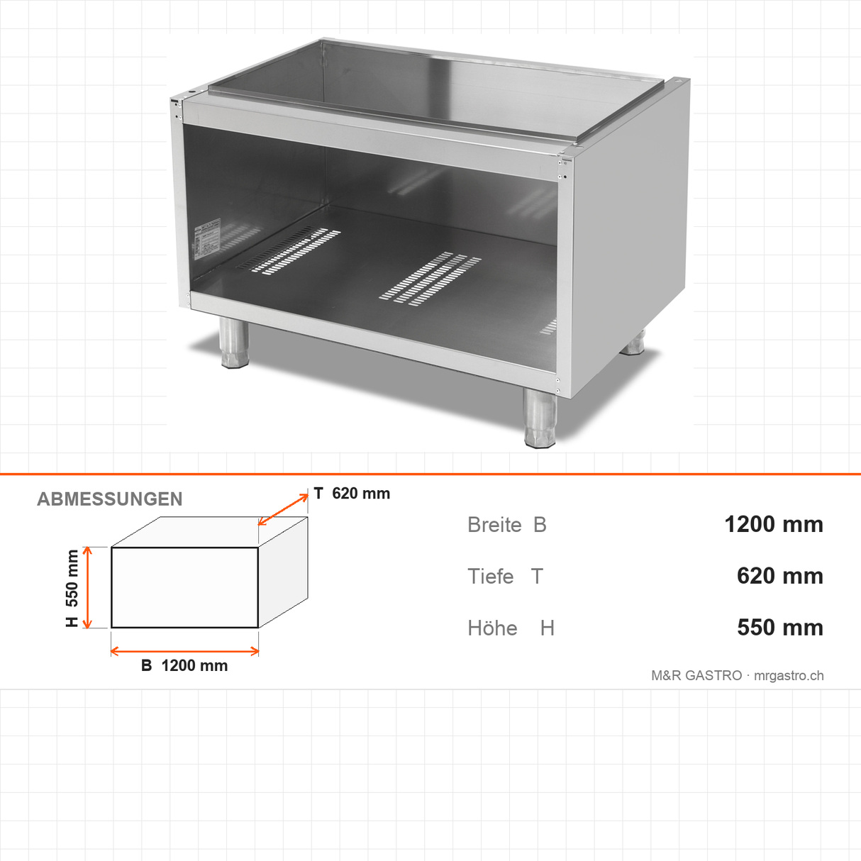 Unterbauschrank offen, Edelstahl, 1200×620×550 mm, Serie 700 – Abmessungen