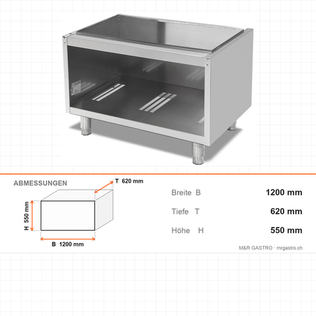 Unterbauschrank offen, Edelstahl, 1200×620×550 mm, Serie 700 – Abmessungen