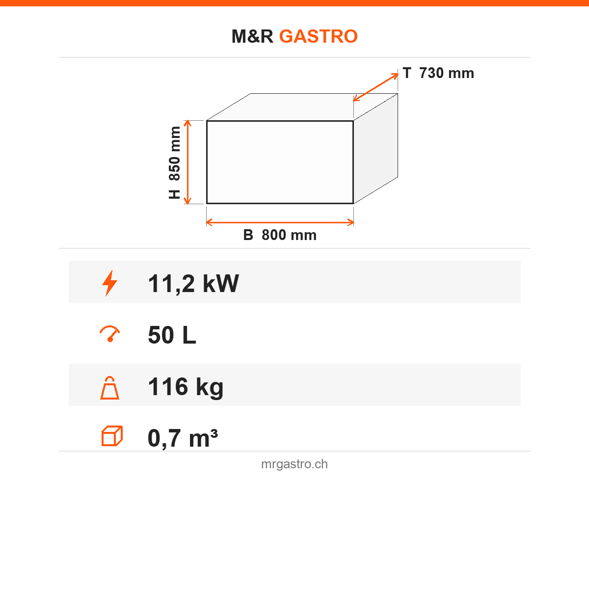 Gas-Kippbratpfanne, 50 Liter, 11,2 kW, manuelles Hebesystem, 800×730×850 mm, Serie 700 – Technische Daten
