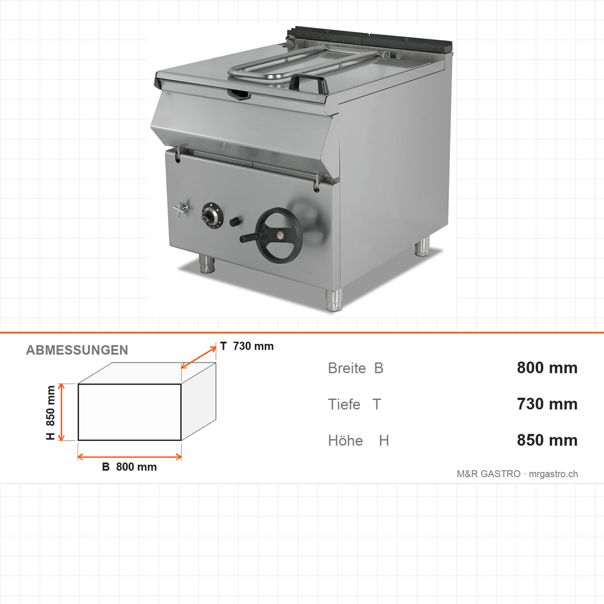 Gas-Kippbratpfanne, 50 Liter, 11,2 kW, manuelles Hebesystem, 800×730×850 mm, Serie 700 – Abmessungen