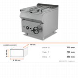 Gas-Kippbratpfanne, 50 Liter, 11,2 kW, manuelles Hebesystem, 800×730×850 mm, Serie 700 – Abmessungen