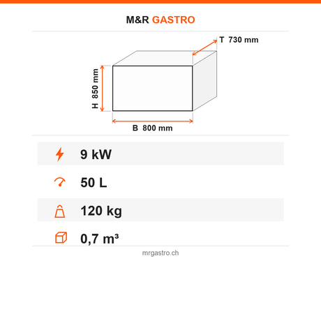 Elektro-Kippbratpfanne, 50 Liter, 9 kW, 400V, manuelles Hebesystem, 800×730×850 mm, Serie 700 – Technische Daten