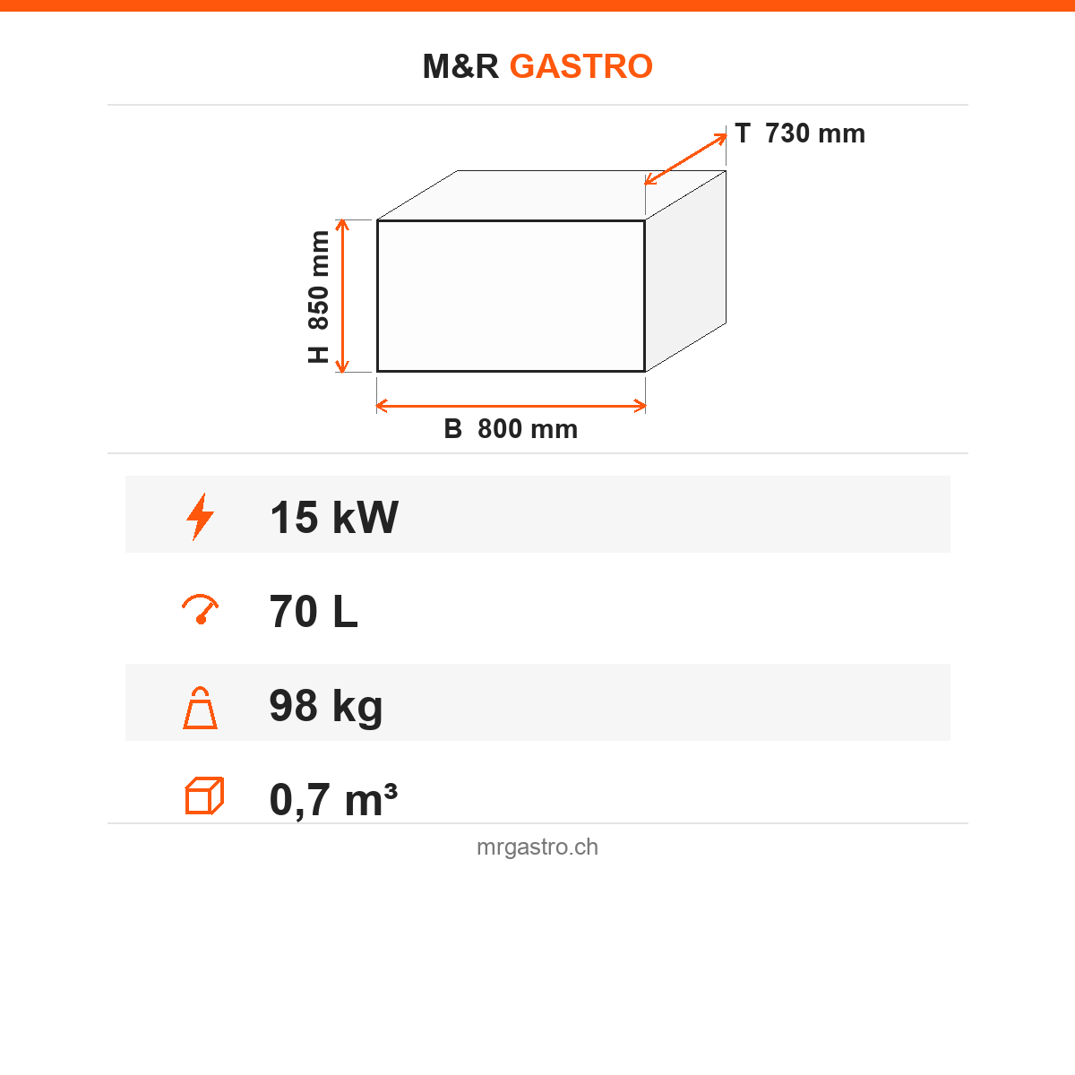 Elektro-Kochkessel, 70 Liter, 15 kW, 400V, doppelwandig, 800×730×850 mm, Serie 700 – Technische Daten