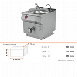 Elektro-Kochkessel, 70 Liter, 15 kW, 400V, doppelwandig, 800×730×850 mm, Serie 700 – Abmessungen