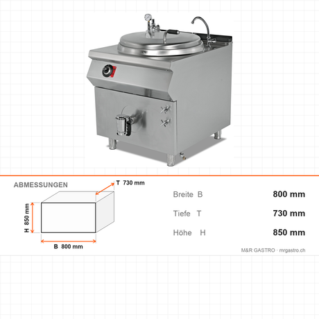 Elektro-Kochkessel, 70 Liter, 15 kW, 400V, doppelwandig, 800×730×850 mm, Serie 700 – Abmessungen
