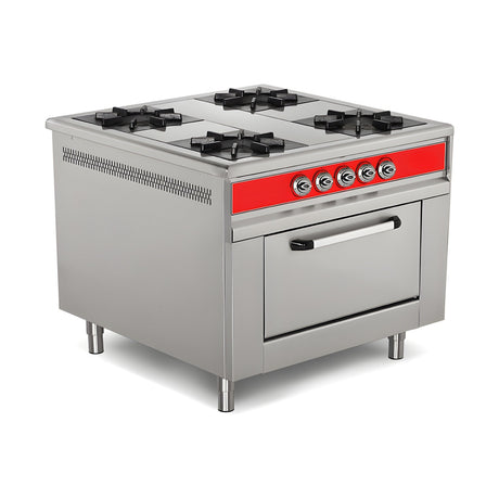 Gasherd mit Backofen, 4 Brenner, 40 kW, 2x GN 2/1 Backraum, Edelstahl, 1000×1000×850 mm, Serie 900 – Produktbild
