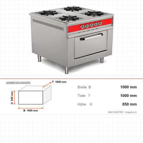 Gasherd mit Backofen, 4 Brenner, 40 kW, 2x GN 2/1 Backraum, Edelstahl, 1000×1000×850 mm, Serie 900 – Abmessungen