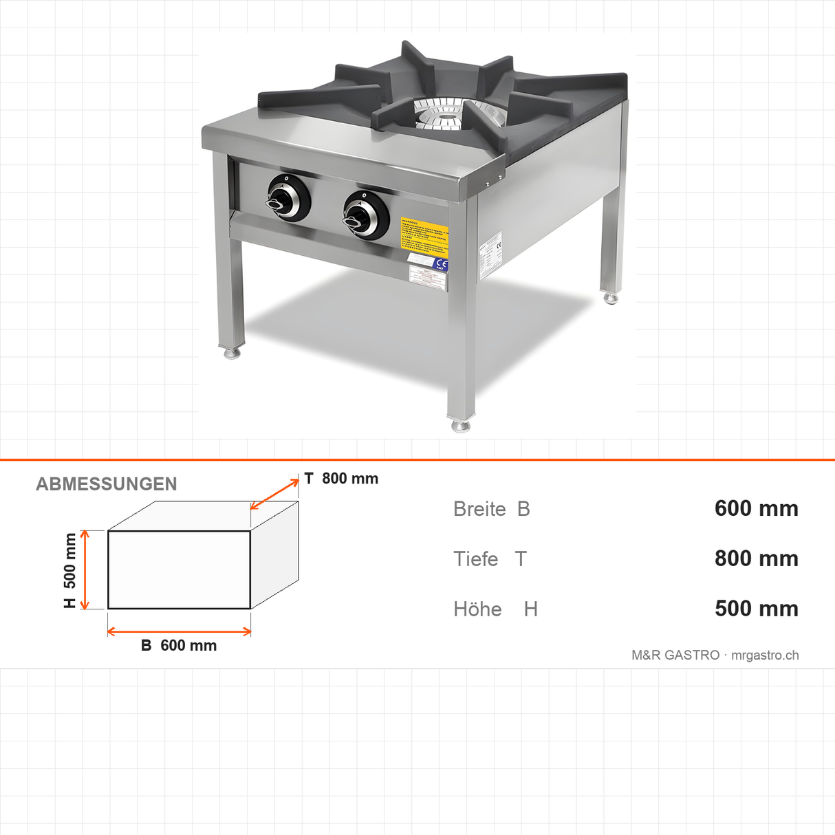 Gasherd, 27,24 kW, Gusseisen-Oberseite, Magnet-Sicherheitsventile, Edelstahl, 600×800×500 mm, Serie 900 – Abmessungen