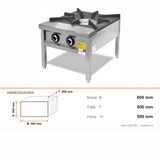 Gasherd, 27,24 kW, Gusseisen-Oberseite, Magnet-Sicherheitsventile, Edelstahl, 600×800×500 mm, Serie 900 – Abmessungen