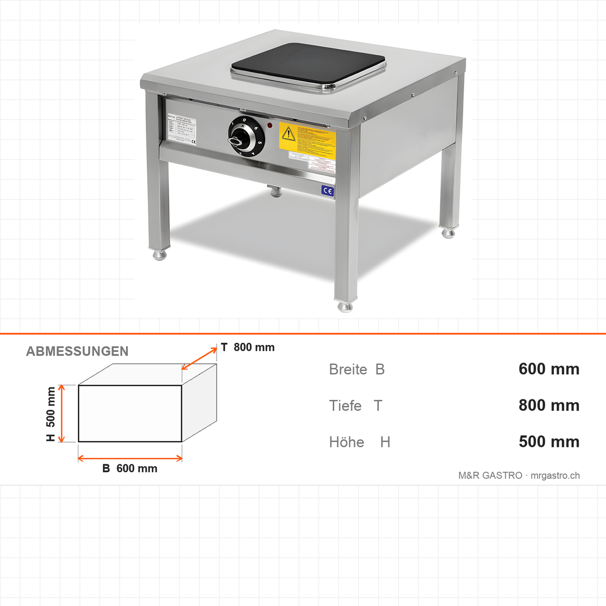 Elektroherd, 4 kW, Kochplatte, 6-stufiger Schalter, 400V, Edelstahl, 600×800×500 mm, Serie 900 – Abmessungen