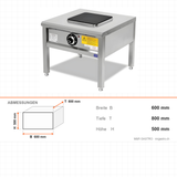 Elektroherd, 4 kW, Kochplatte, 6-stufiger Schalter, 400V, Edelstahl, 600×800×500 mm, Serie 900 – Abmessungen