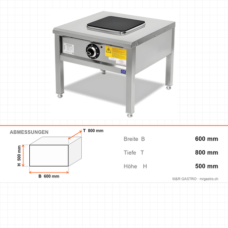 Elektroherd, 4 kW, Kochplatte, 6-stufiger Schalter, 400V, Edelstahl, 600×800×500 mm, Serie 900 – Abmessungen