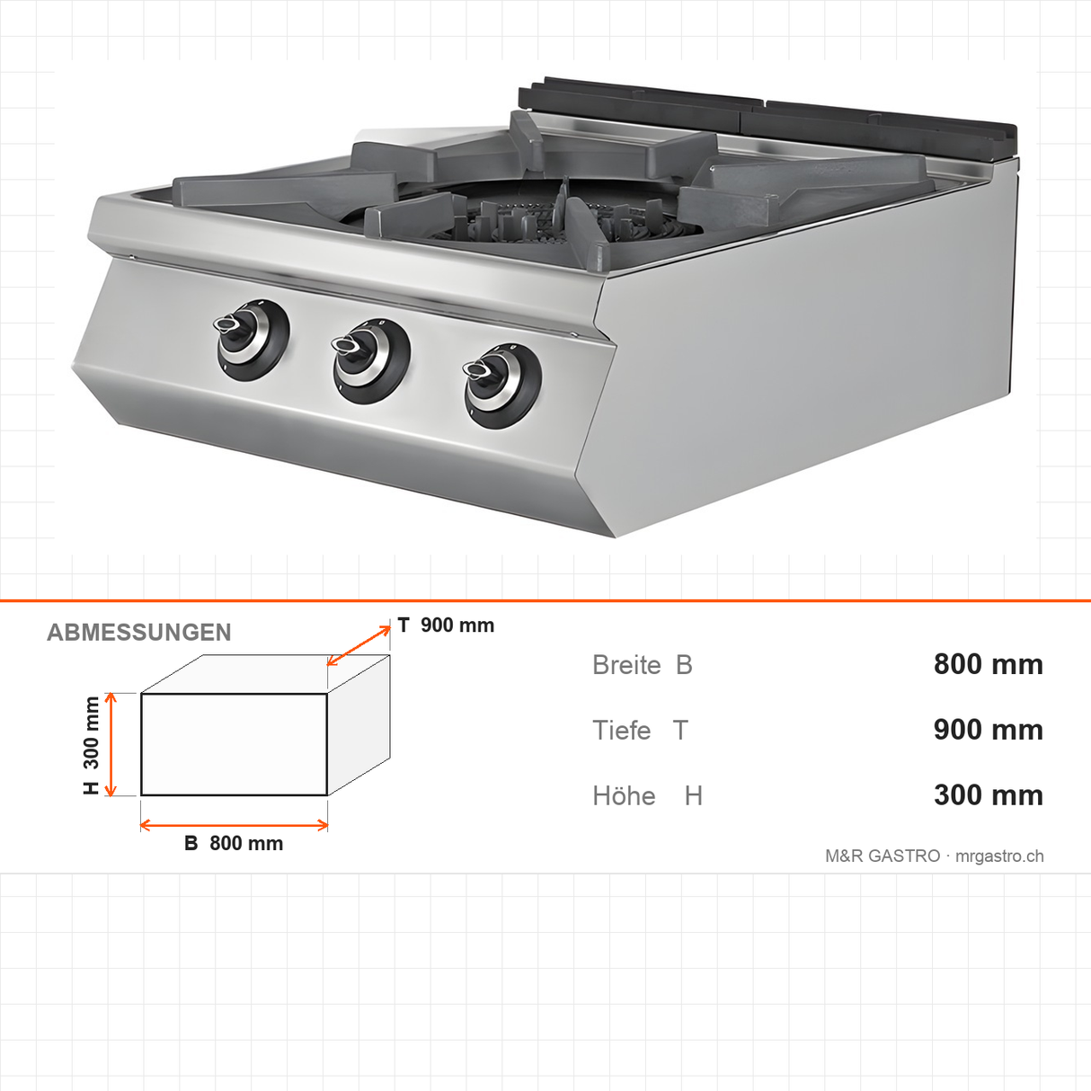 Gasherd, 4 Brenner, 31,25 kW, Gusseisen-Kochplatte, Edelstahl, 800×900×300 mm, Serie 900 – Abmessungen