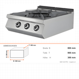 Gasherd, 4 Brenner, 31,25 kW, Gusseisen-Kochplatte, Edelstahl, 800×900×300 mm, Serie 900 – Abmessungen