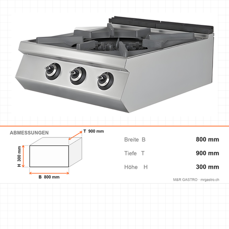 Gasherd, 4 Brenner, 31,25 kW, Gusseisen-Kochplatte, Edelstahl, 800×900×300 mm, Serie 900 – Abmessungen